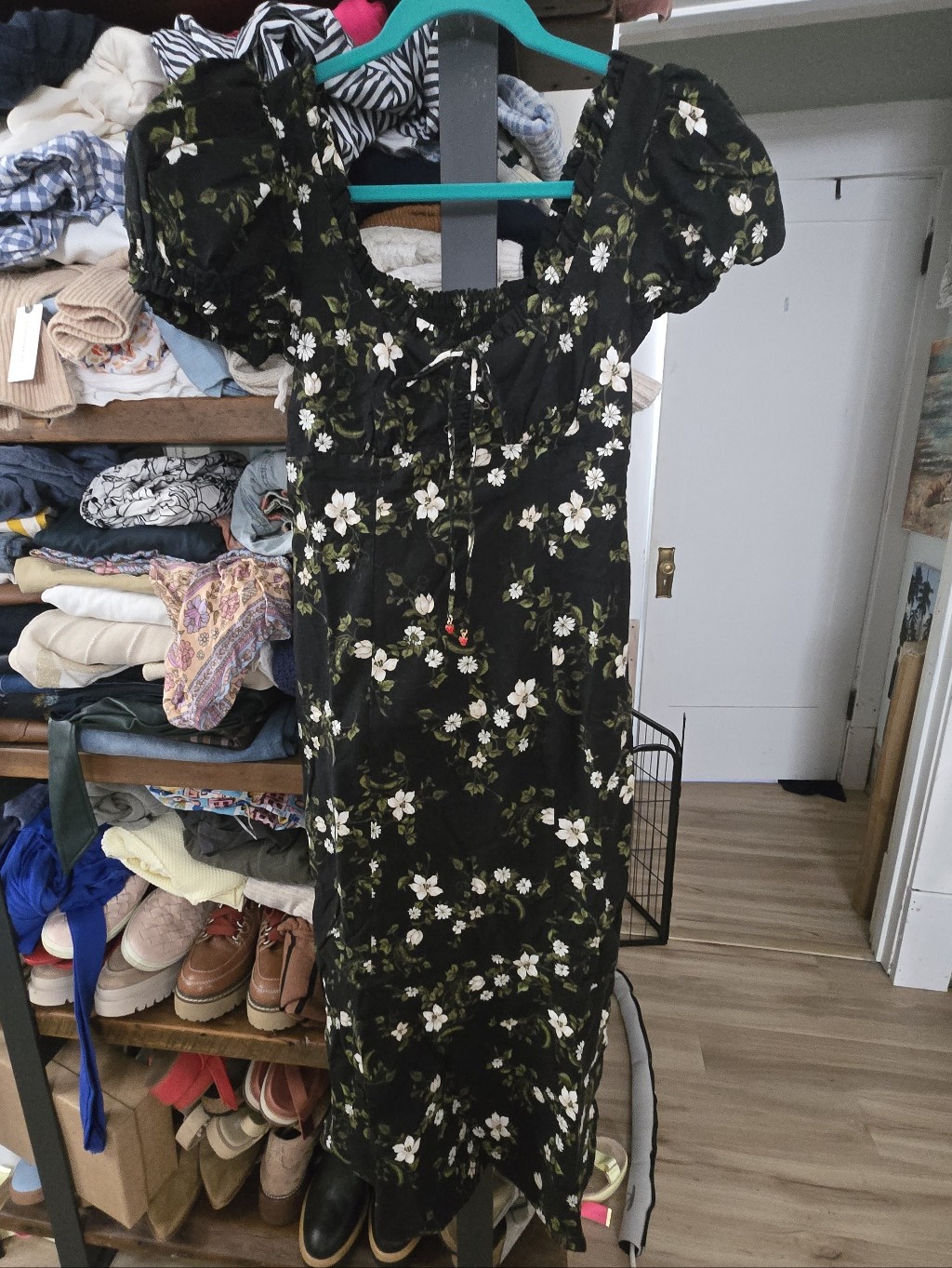 Maeve X Anthropologie Black Floral Puff-Sleeve Midi Dress